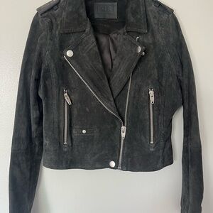Women's Black/Charcoal 100% Leather Suede Biker Jacket Size Small